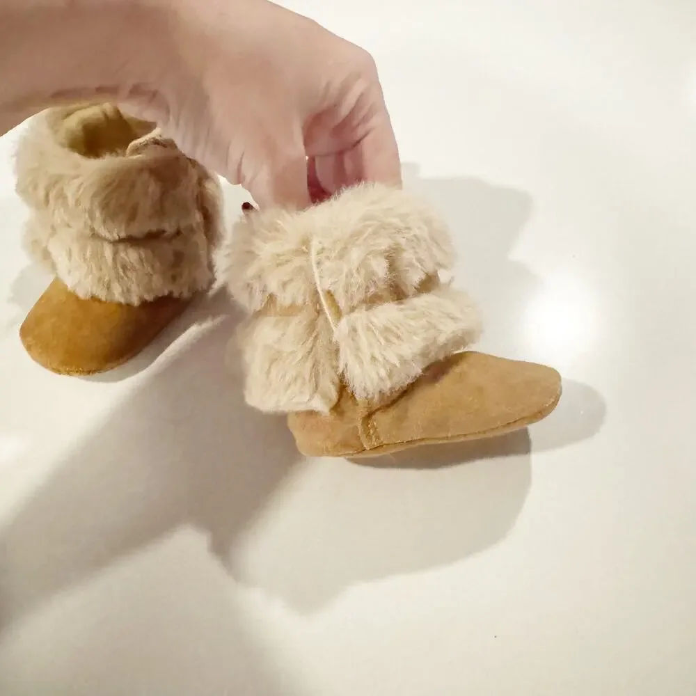 Stepping Stones Faux Fur Brown Suede Baby Booties Shoes
